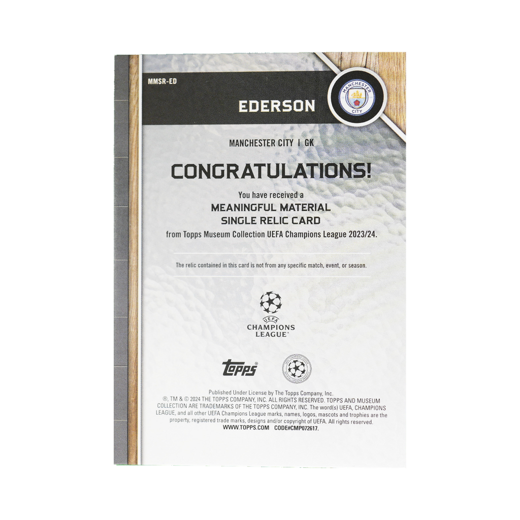 Ederson 2023/24 Topps Museum Collection UEFA Champions League #MMSR-ED Gold 35/50 back view