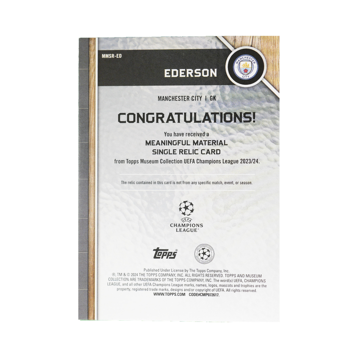 Ederson 2023/24 Topps Museum Collection UEFA Champions League #MMSR-ED Gold 35/50 back view