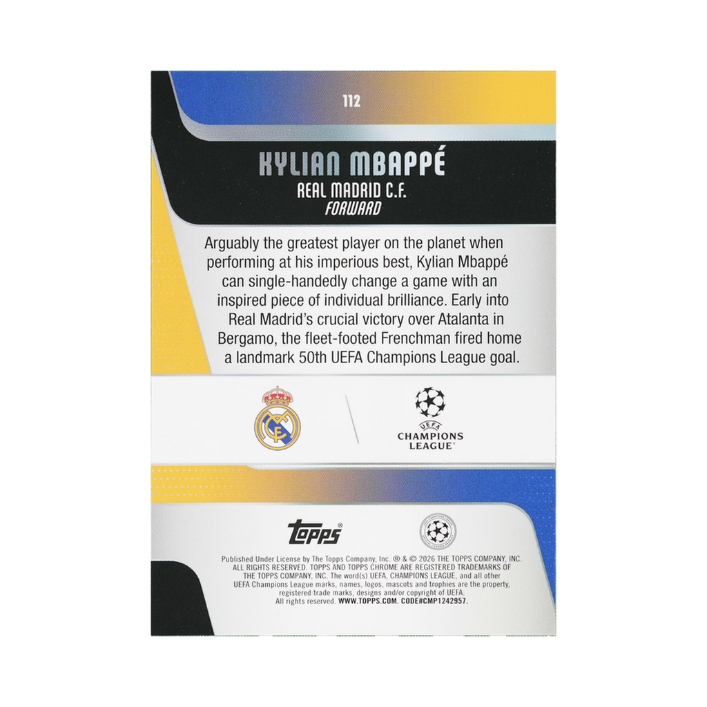 Kylian Mbappé 2025/26 Topps Chrome UEFA Club Competitions #112 Standard back view