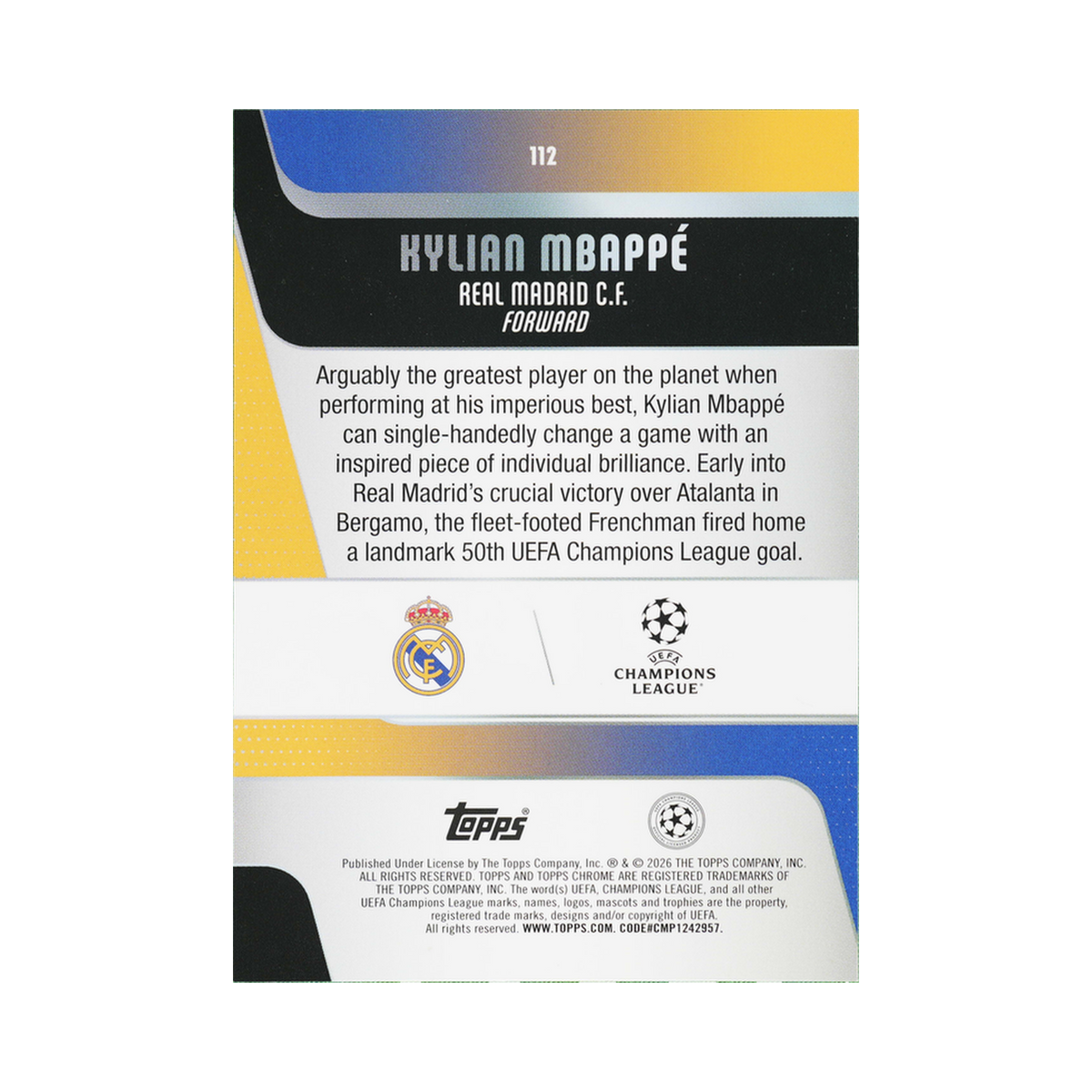Kylian Mbappé 2025/26 Topps Chrome UEFA Club Competitions #112 Standard back view
