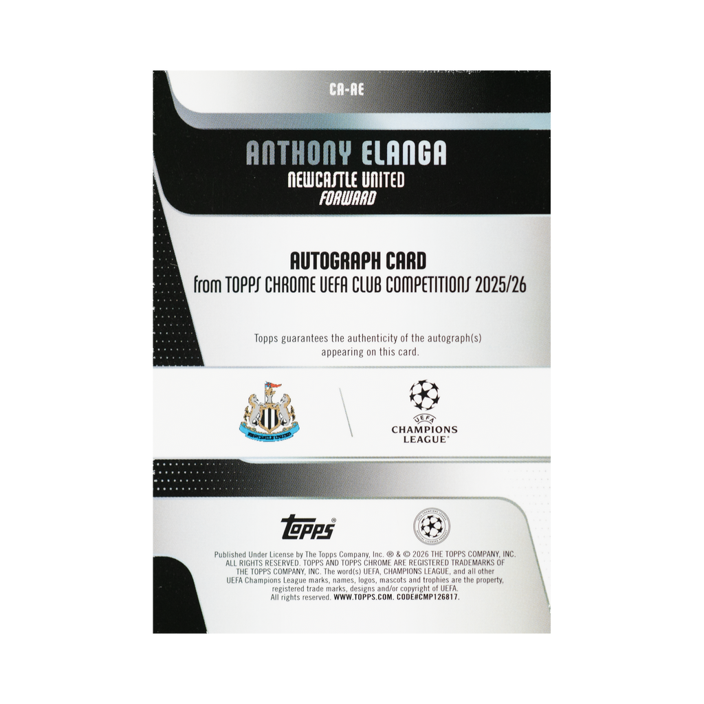 Anthony Elanga 2025/26 Topps Chrome UEFA Club Competitions #CA-AE 25/50 back view