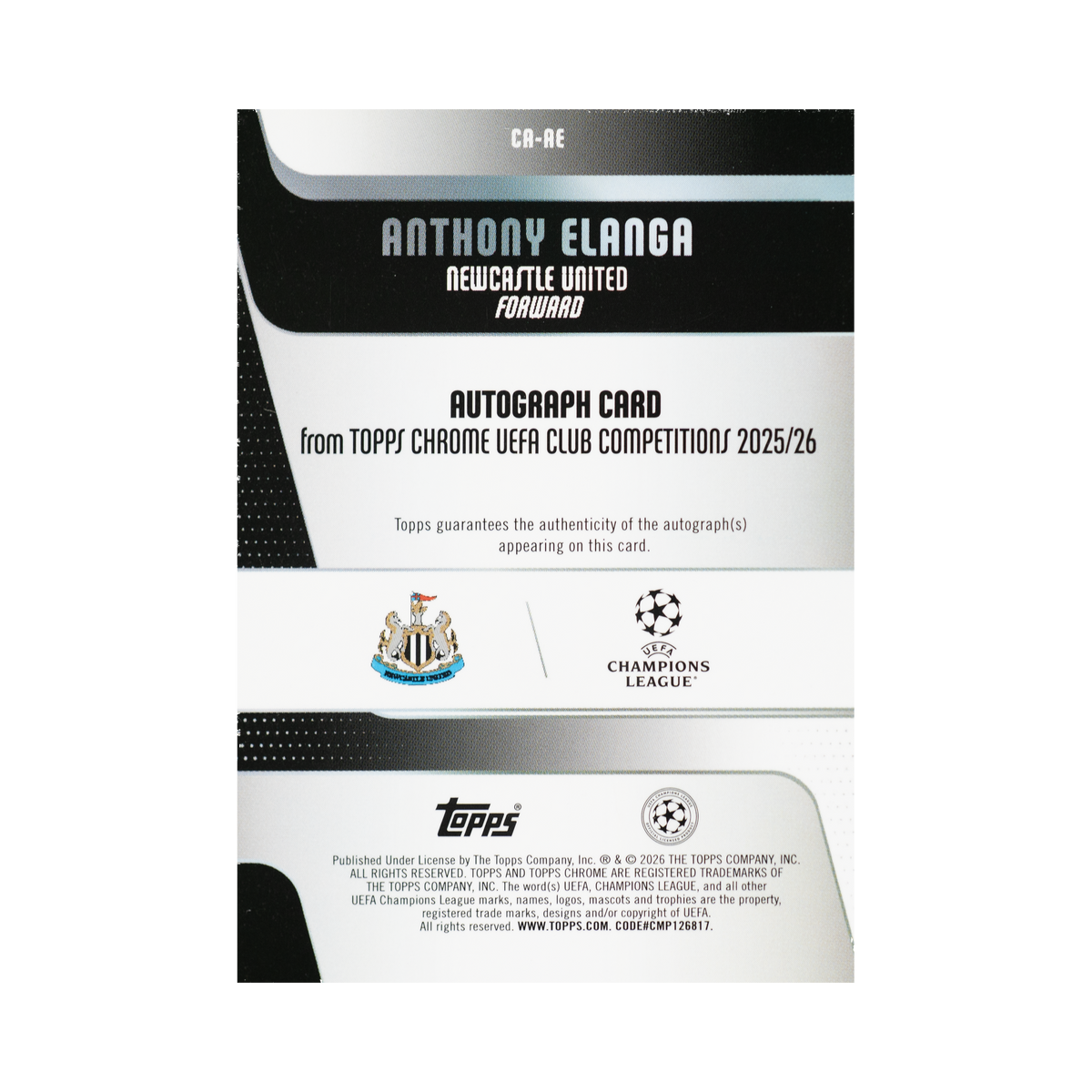 Anthony Elanga 2025/26 Topps Chrome UEFA Club Competitions #CA-AE 25/50 back view