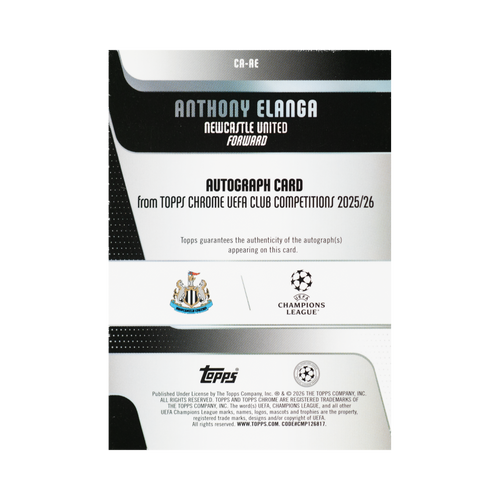Anthony Elanga 2025/26 Topps Chrome UEFA Club Competitions #CA-AE 25/50 back view