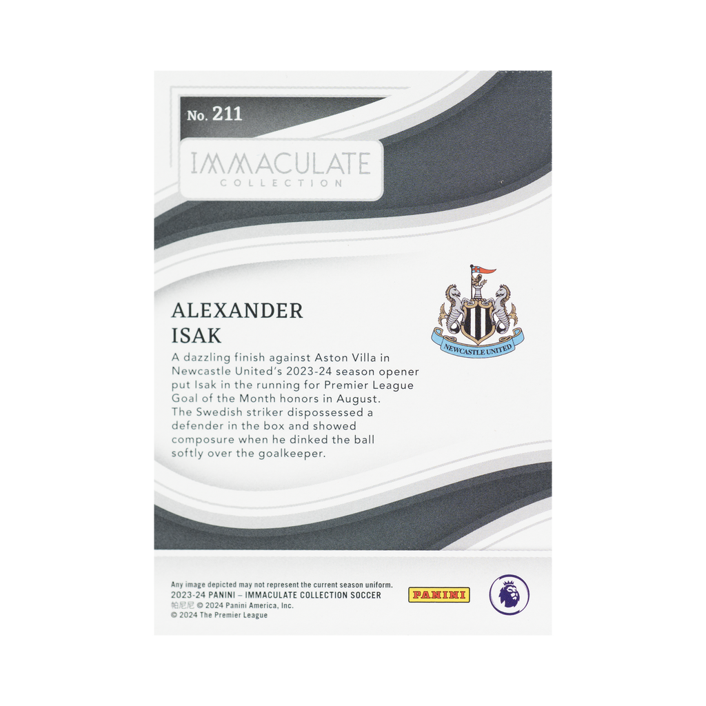 Alexander Isak 2023/24 Panini Immaculate Collection Soccer #211 18/60 back view