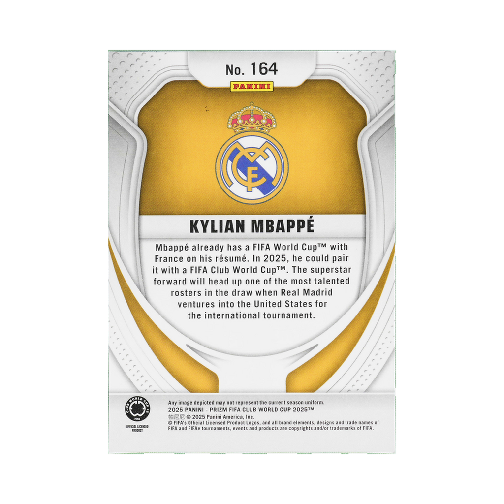 Kylian Mbappé 2025 Panini Prizm FIFA Club World Cup #164 Standard back view