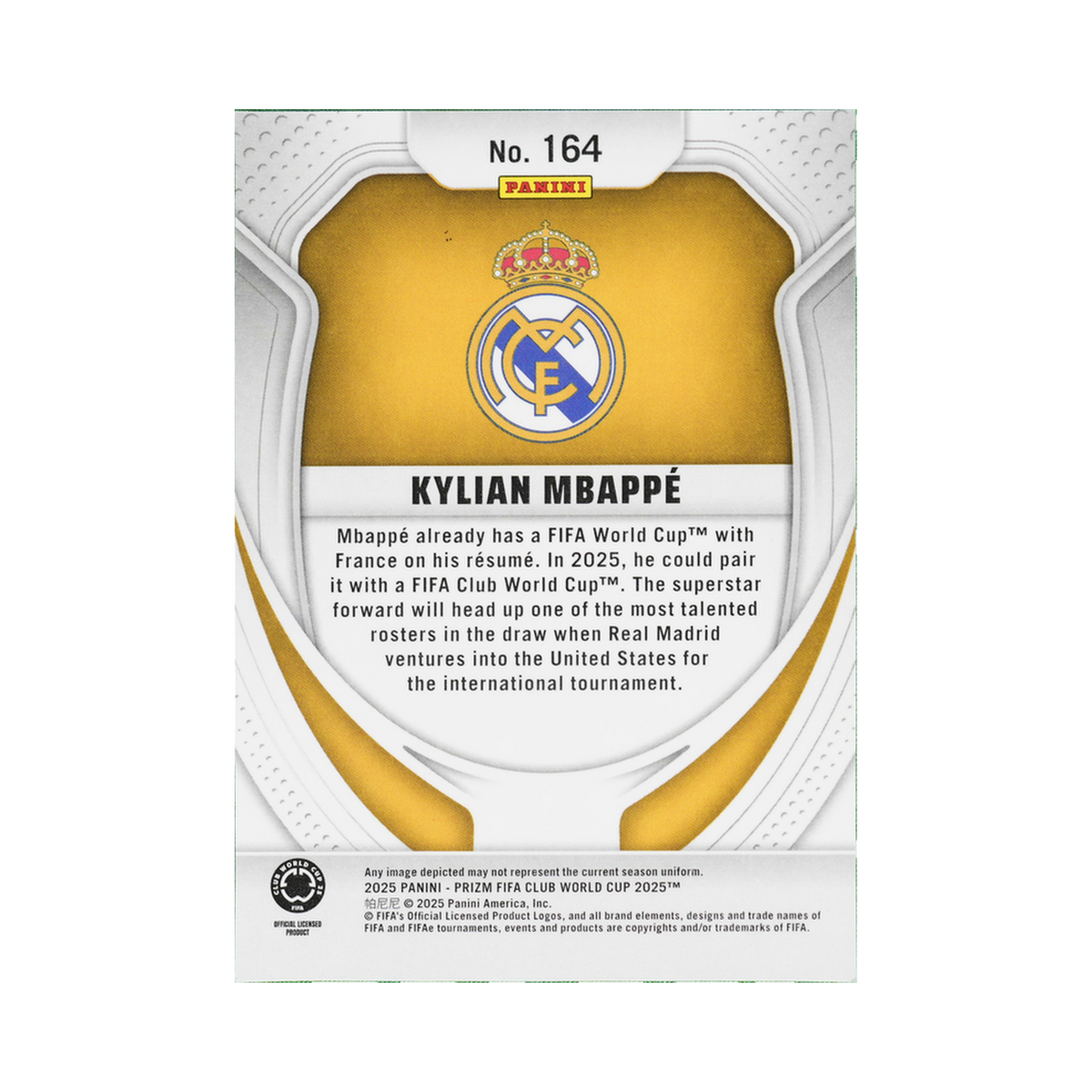 Kylian Mbappé 2025 Panini Prizm FIFA Club World Cup #164 Standard back view