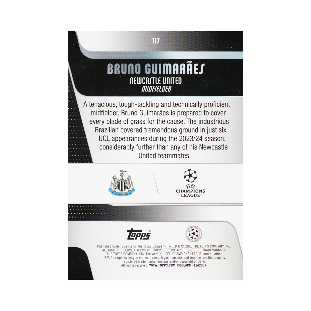 Bruno Guimarães 2025/26 Topps Chrome UEFA Club Competitions #117 186/199 back view