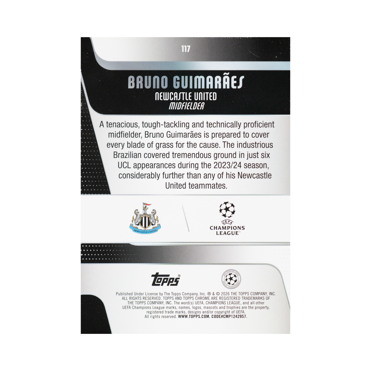 Bruno Guimarães 2025/26 Topps Chrome UEFA Club Competitions #117 186/199 back view