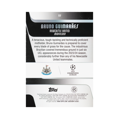 Bruno Guimarães 2025/26 Topps Chrome UEFA Club Competitions #117 186/199 back view