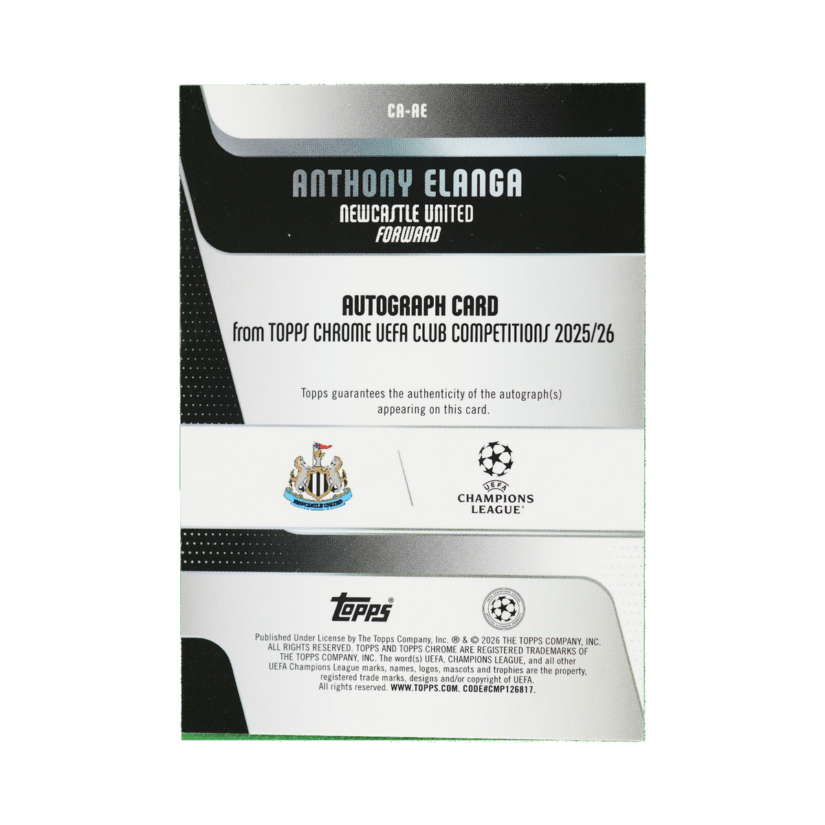 Anthony Elanga 2025/26 Topps Chrome UEFA Club Competitions #CA-AE 041/150 back view