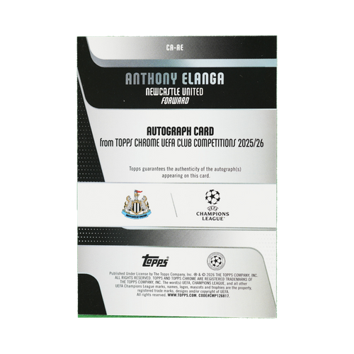 Anthony Elanga 2025/26 Topps Chrome UEFA Club Competitions #CA-AE 041/150 back view
