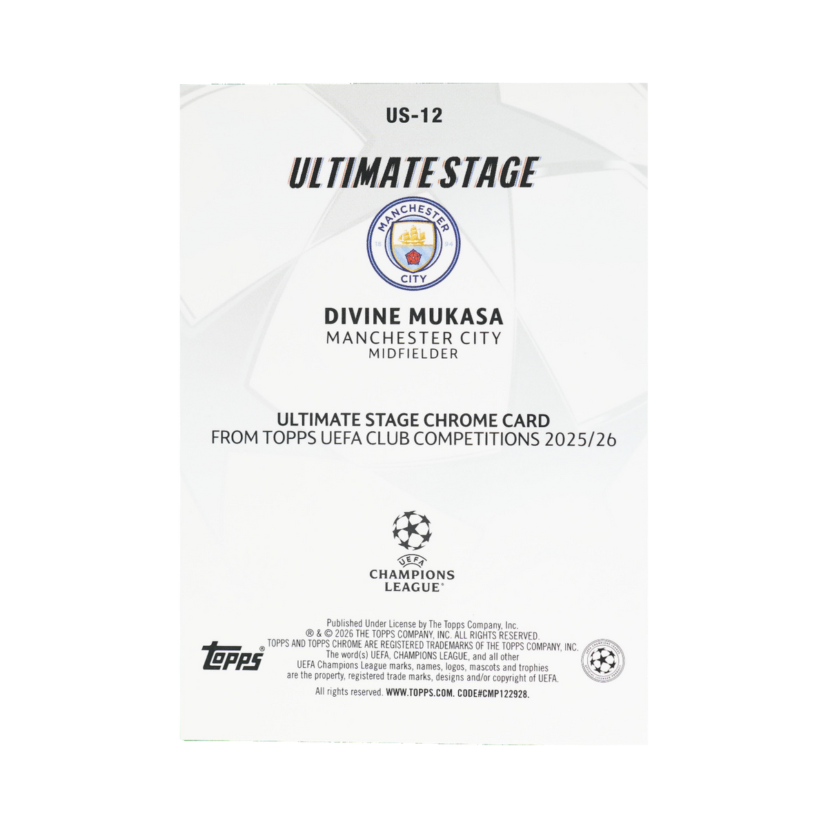 Divine Mukasa 2025/26 Topps UEFA Club Competitions #US-12 Standard back view