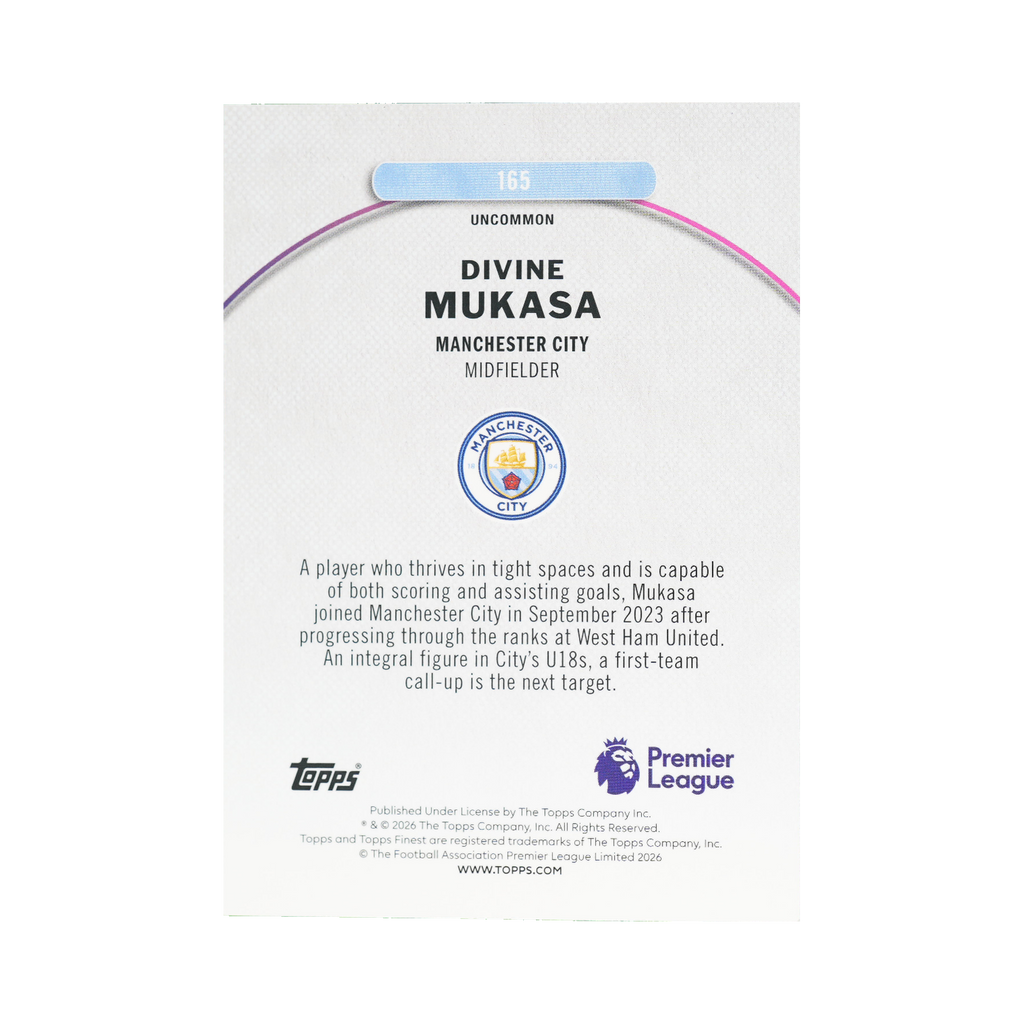 Divine Mukasa 2026 Topps Finest Premier League #165 Pearl Checkerboard Refractor 40/40 back view