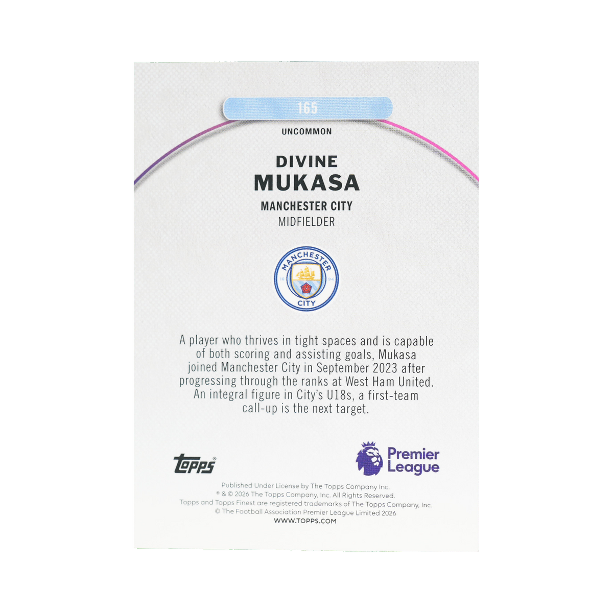Divine Mukasa 2026 Topps Finest Premier League #165 Pearl Checkerboard Refractor 40/40 back view