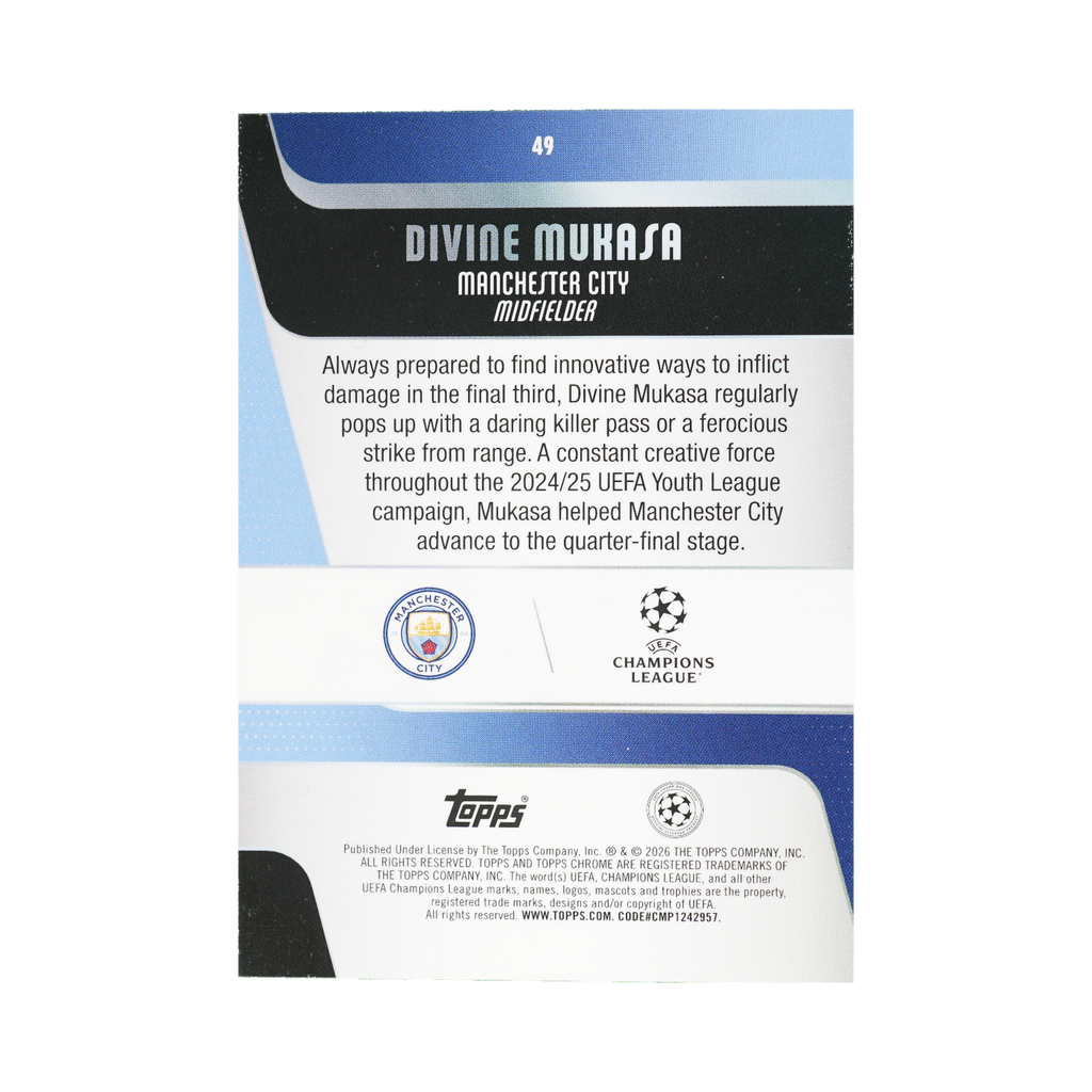 Divine Mukasa 2025/26 Topps Chrome UEFA Club Competitions #49 Yellow Mini-Diamonds Refractor 172/275 back view