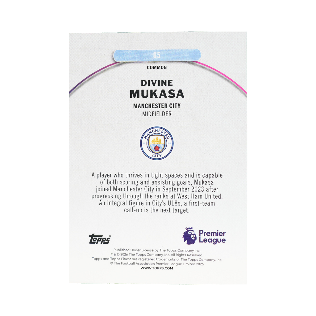 Divine Mukasa 2026 Topps Finest Premier League #65 Purple Checkerboard Refractor 030/150 back view
