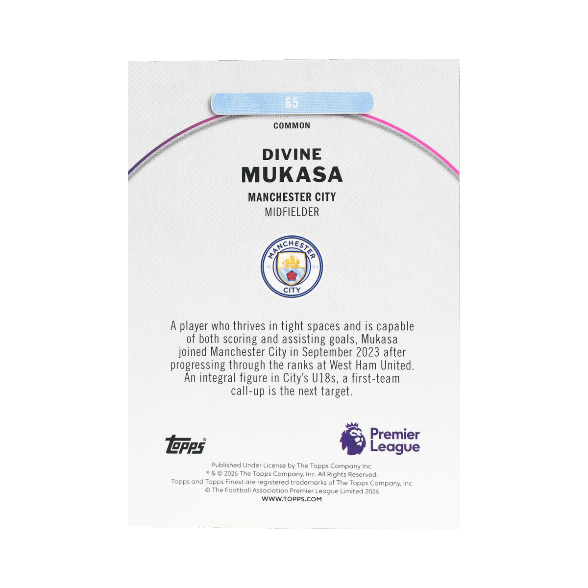 Divine Mukasa 2026 Topps Finest Premier League #65 Purple Checkerboard Refractor 030/150 back view