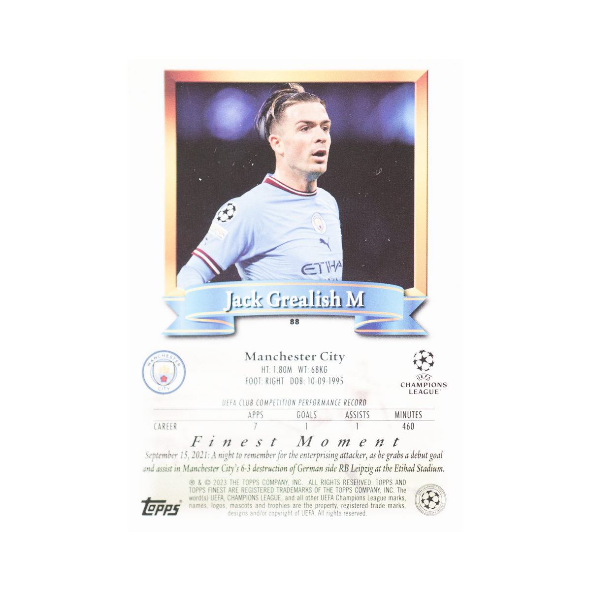 Jack Grealish 2022/23 Topps Finest Flashbacks UEFA Club Competitions #88 Standard back view