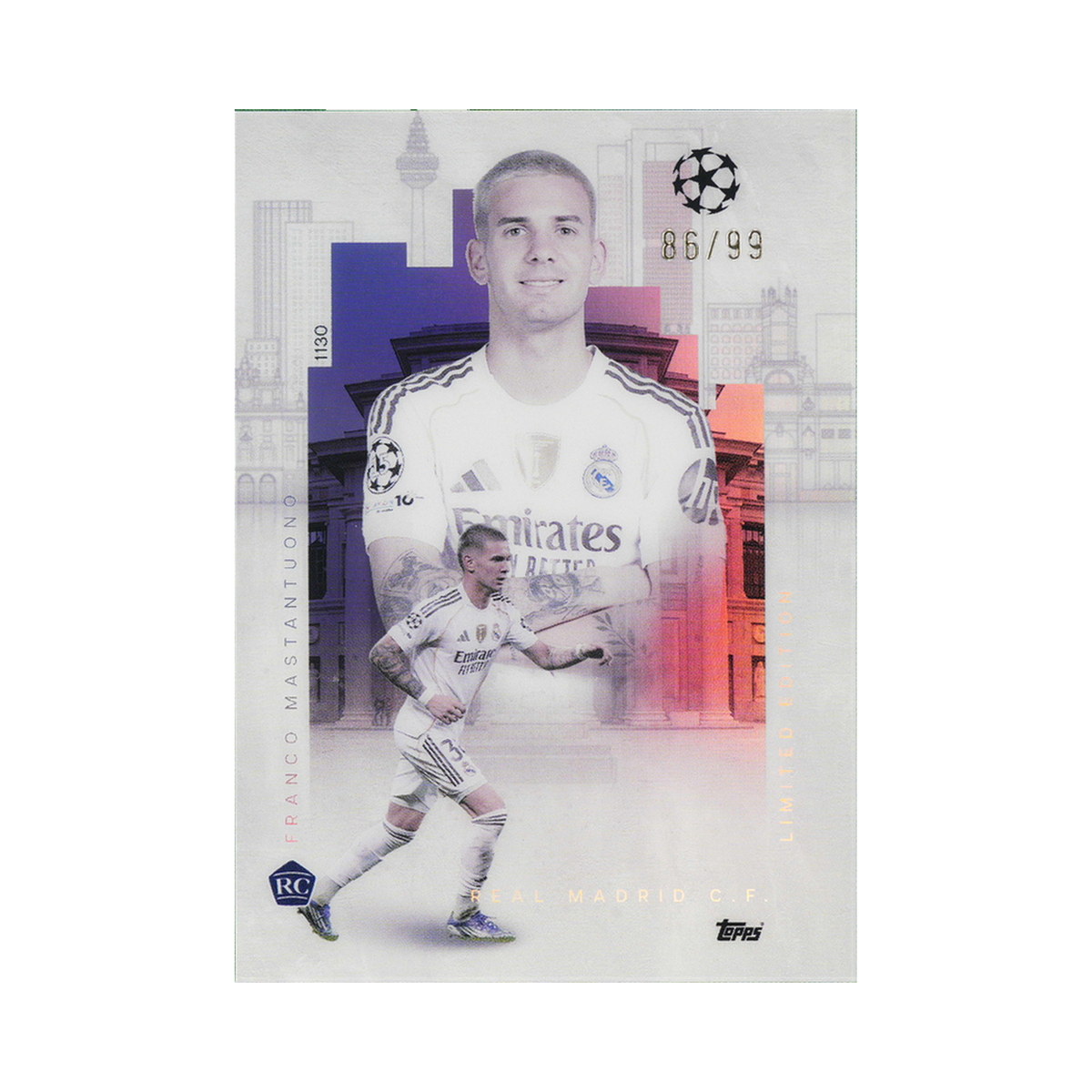 Franco Mastantuono 2025/26 Topps Total Football #1130 Red Limited Edition 86/99 front view