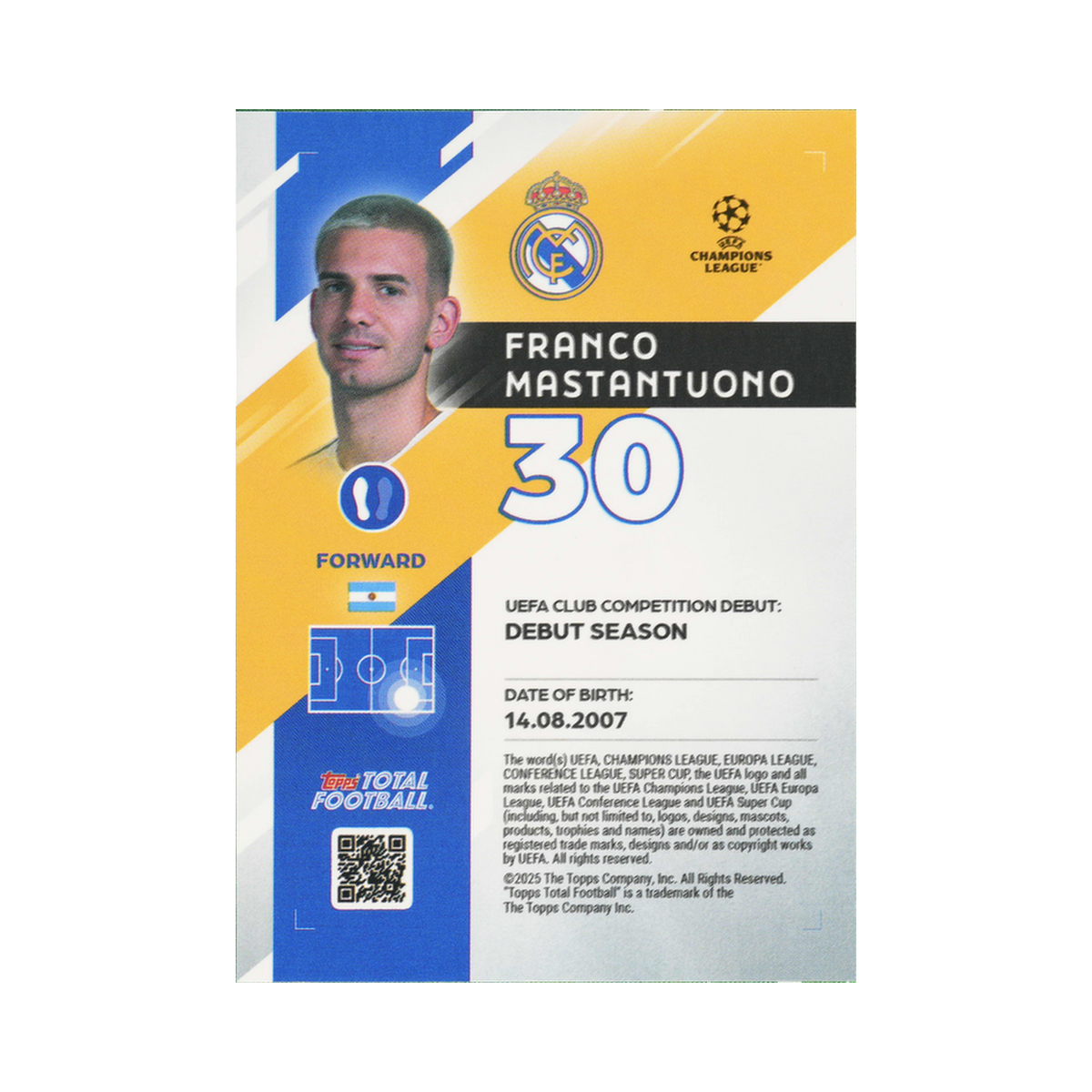 Franco Mastantuono 2025/26 Topps Total Football #1130 Red Limited Edition 86/99 back view