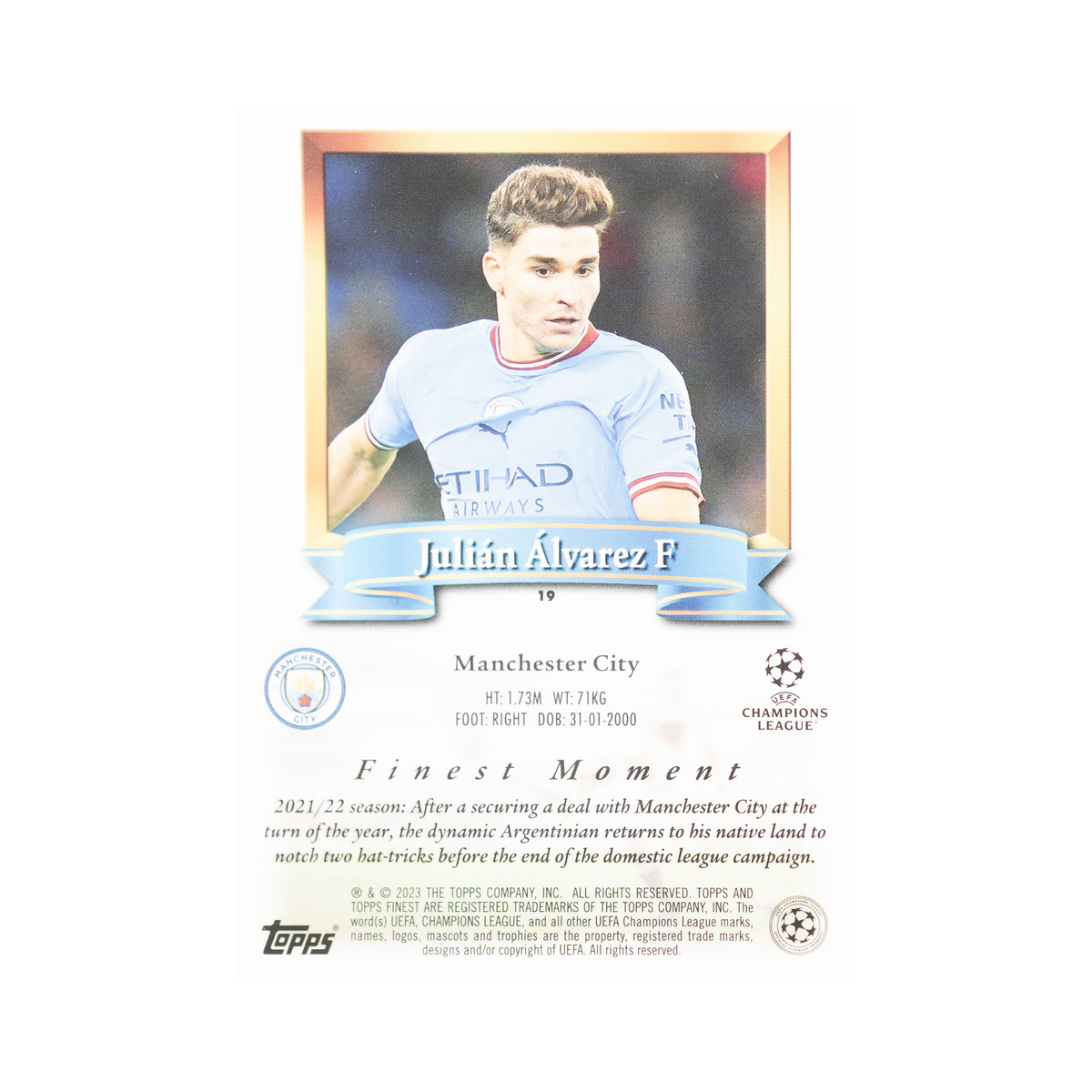 Julián Álvarez 2022/23 Topps Finest Flashbacks UEFA Club Competitions #19 Standard back view