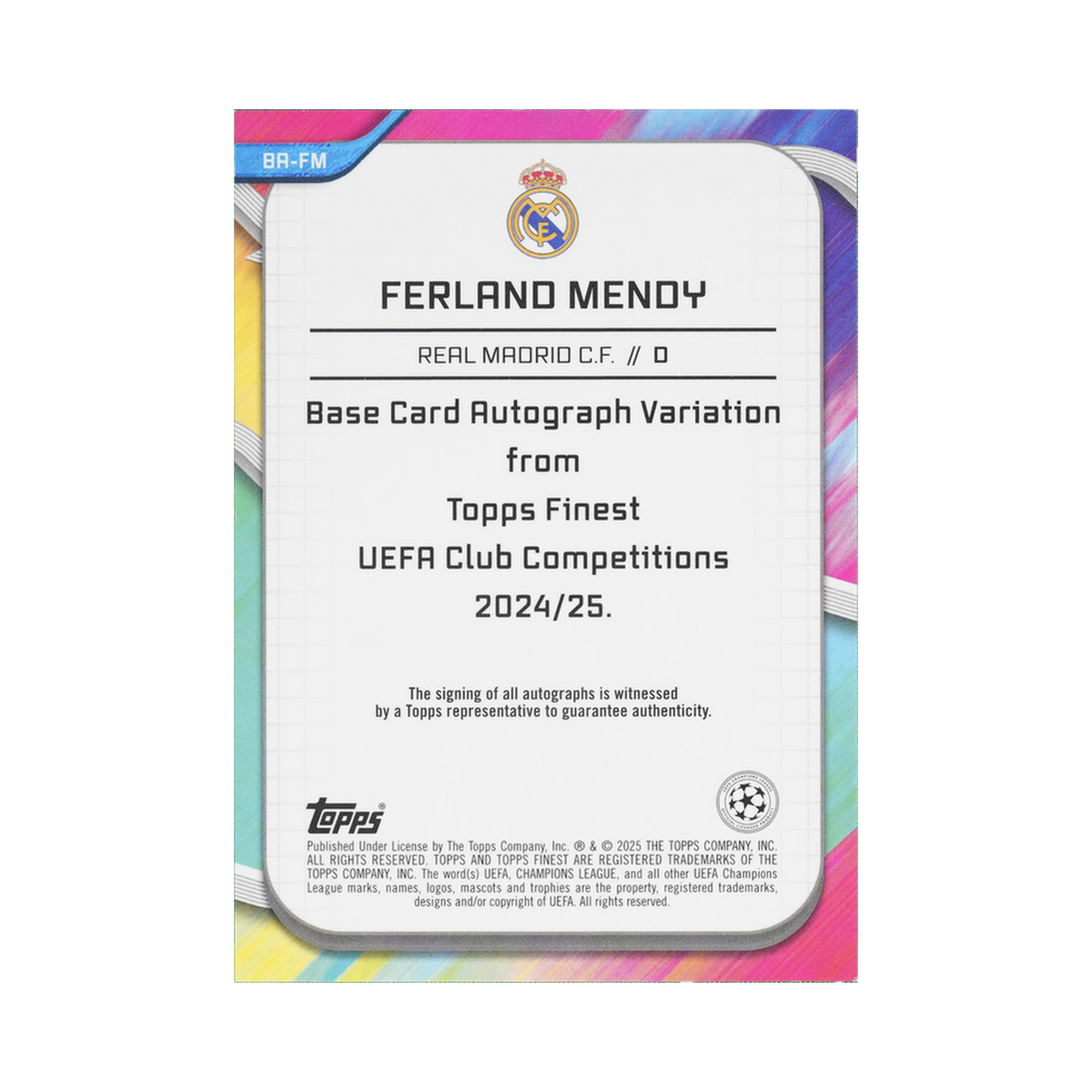 Ferland Mendy 2024/25 Topps Finest UEFA Club Competitions #BA-FM Purple Shimmer Refractor 012/199 back view
