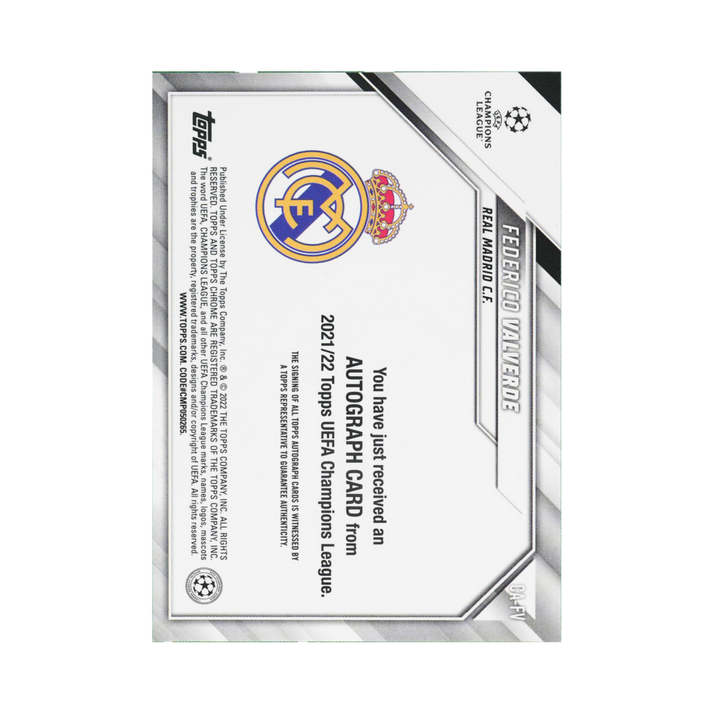 Federico Valverde 2021/22 Topps Chrome UEFA Champions League #CA-FV Black & White RayWave Refractor back view