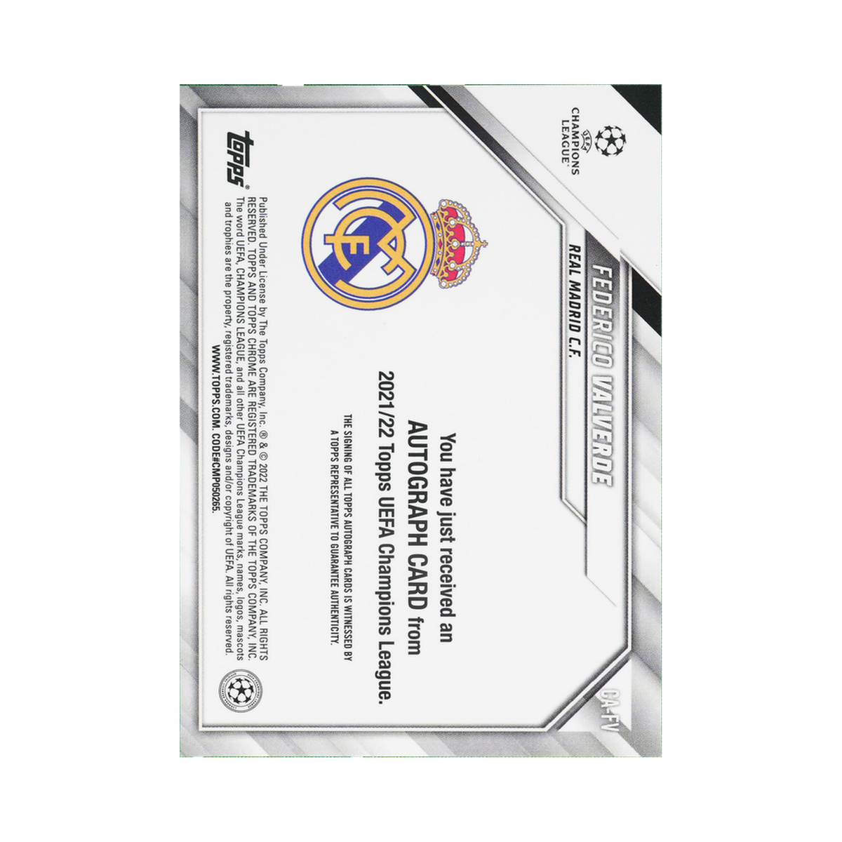 Federico Valverde 2021/22 Topps Chrome UEFA Champions League #CA-FV Black & White RayWave Refractor back view