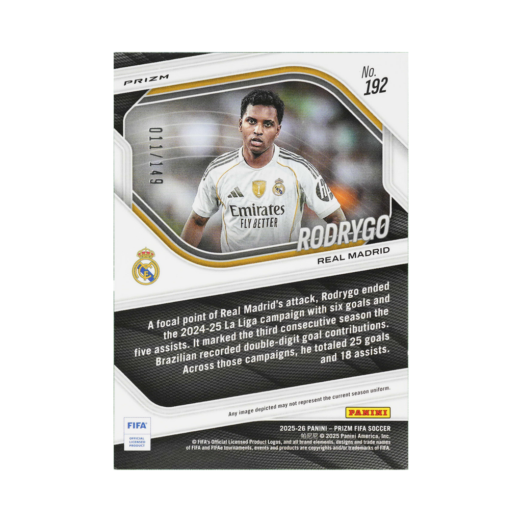Rodrygo 2025/26 Panini Prizm FIFA #192 Red Prizm 011/149 back view