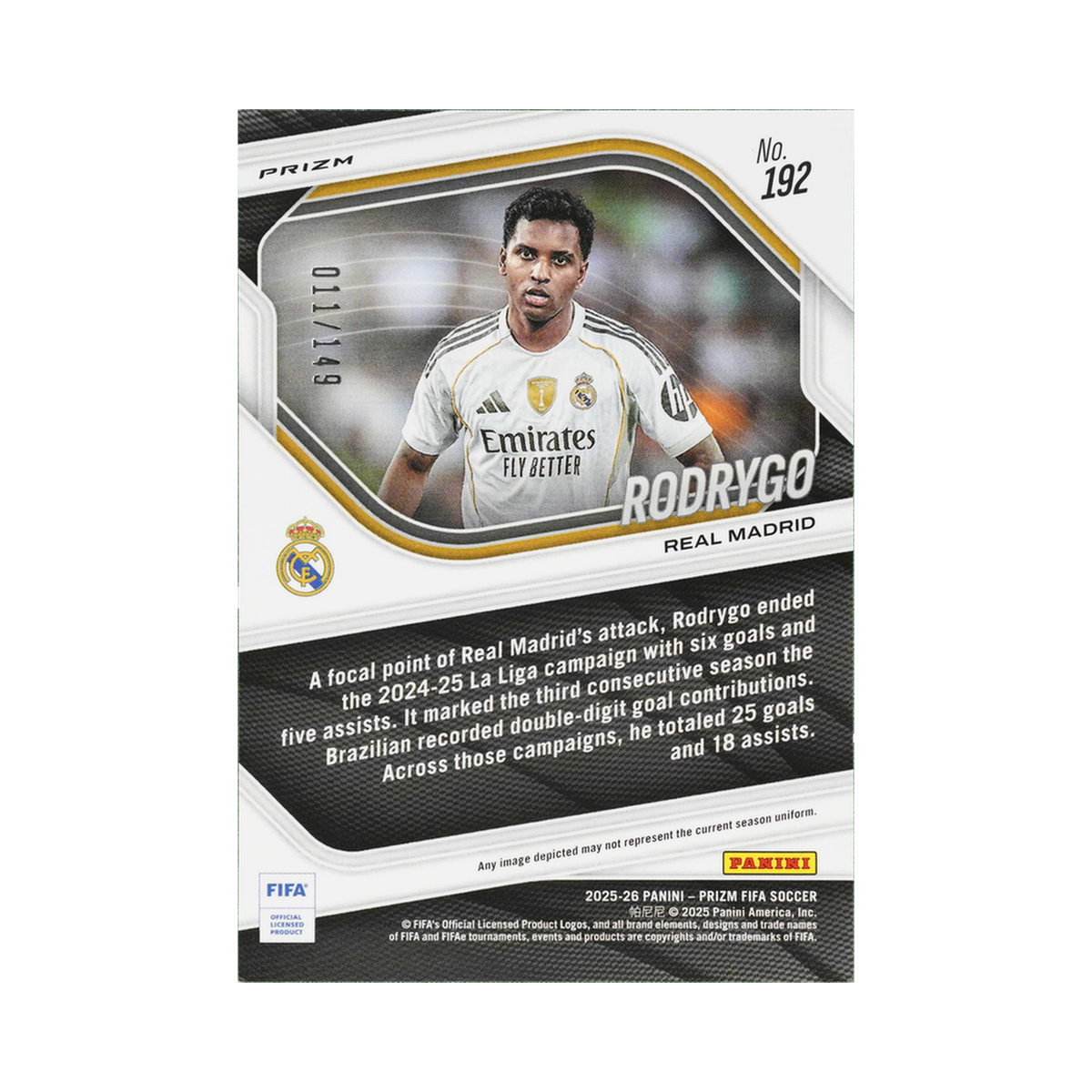 Rodrygo 2025/26 Panini Prizm FIFA #192 Red Prizm 011/149 back view