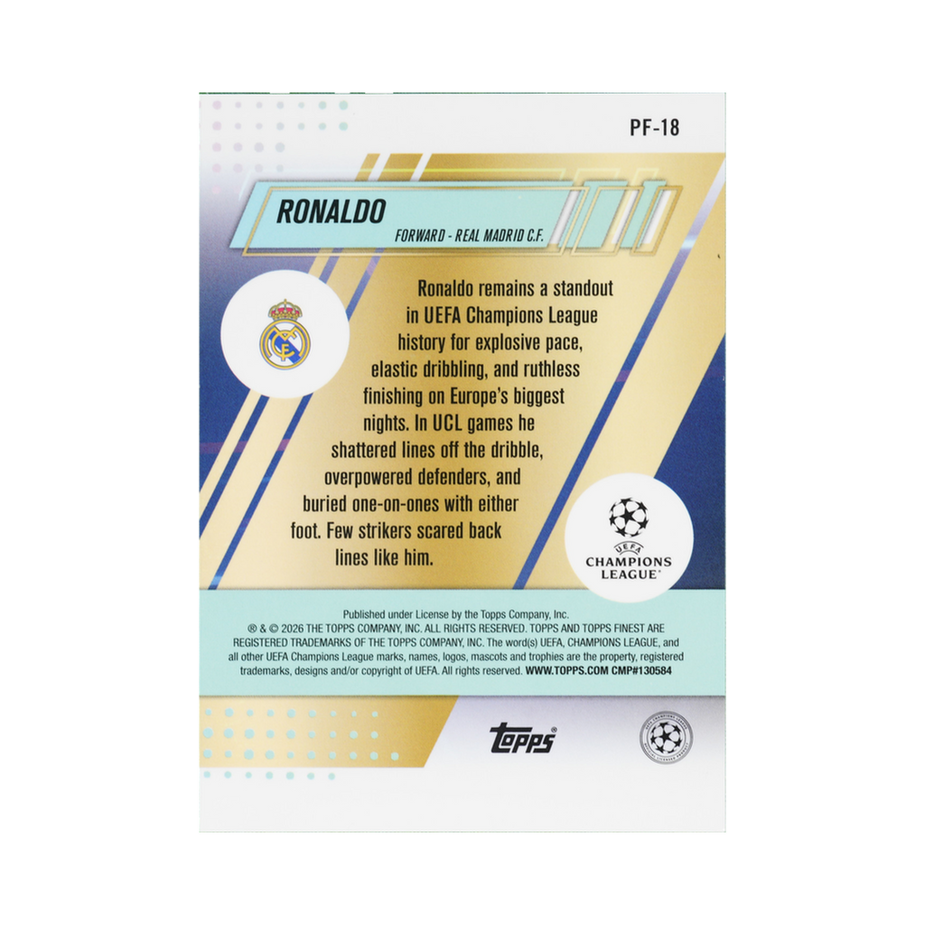 Ronaldo 2025/26 Topps Finest UEFA Club Competitions #PF-18 Purple Refractor 38/75 back view