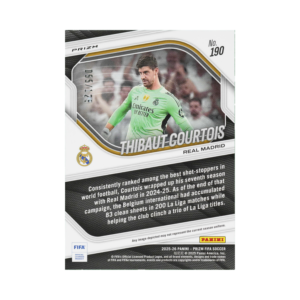 Thibaut Courtois 2025/26 Panini Prizm FIFA #190 Orange Prizm 055/125 back view