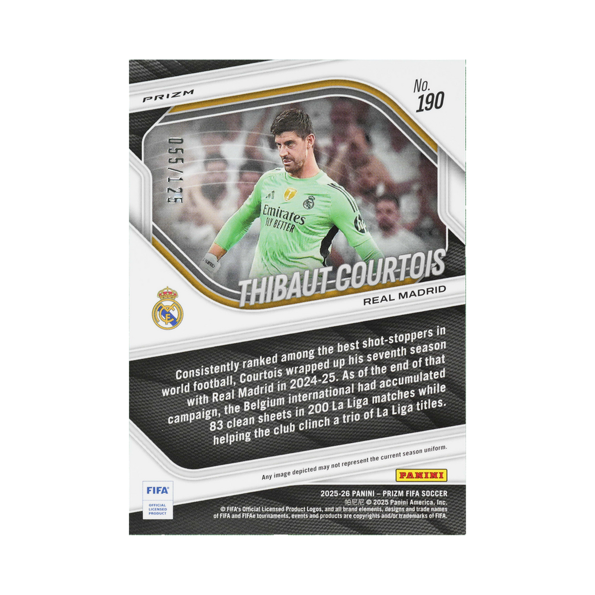 Thibaut Courtois 2025/26 Panini Prizm FIFA #190 Orange Prizm 055/125 back view
