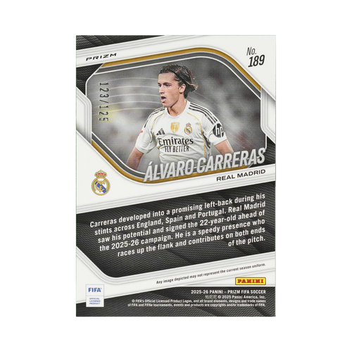 Álvaro Carreras 2025/26 Panini Prizm FIFA #189 Orange Prizm 123/125 back view