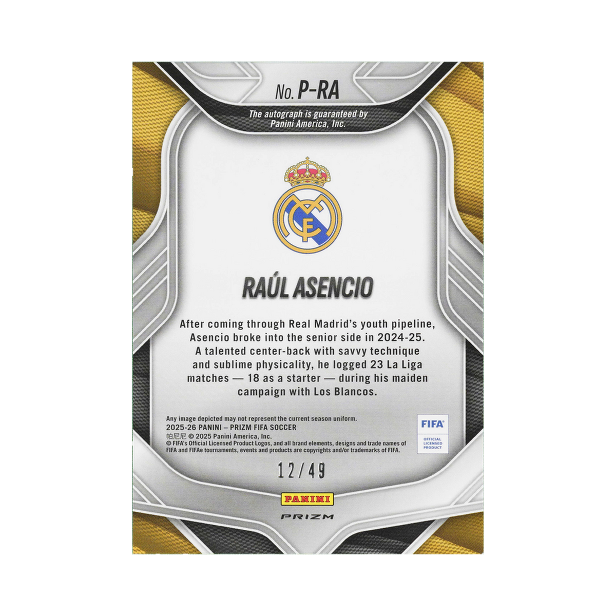 Raúl Asencio 2025/26 Panini Prizm FIFA #P-RA Silver Prizm 12/49 back view