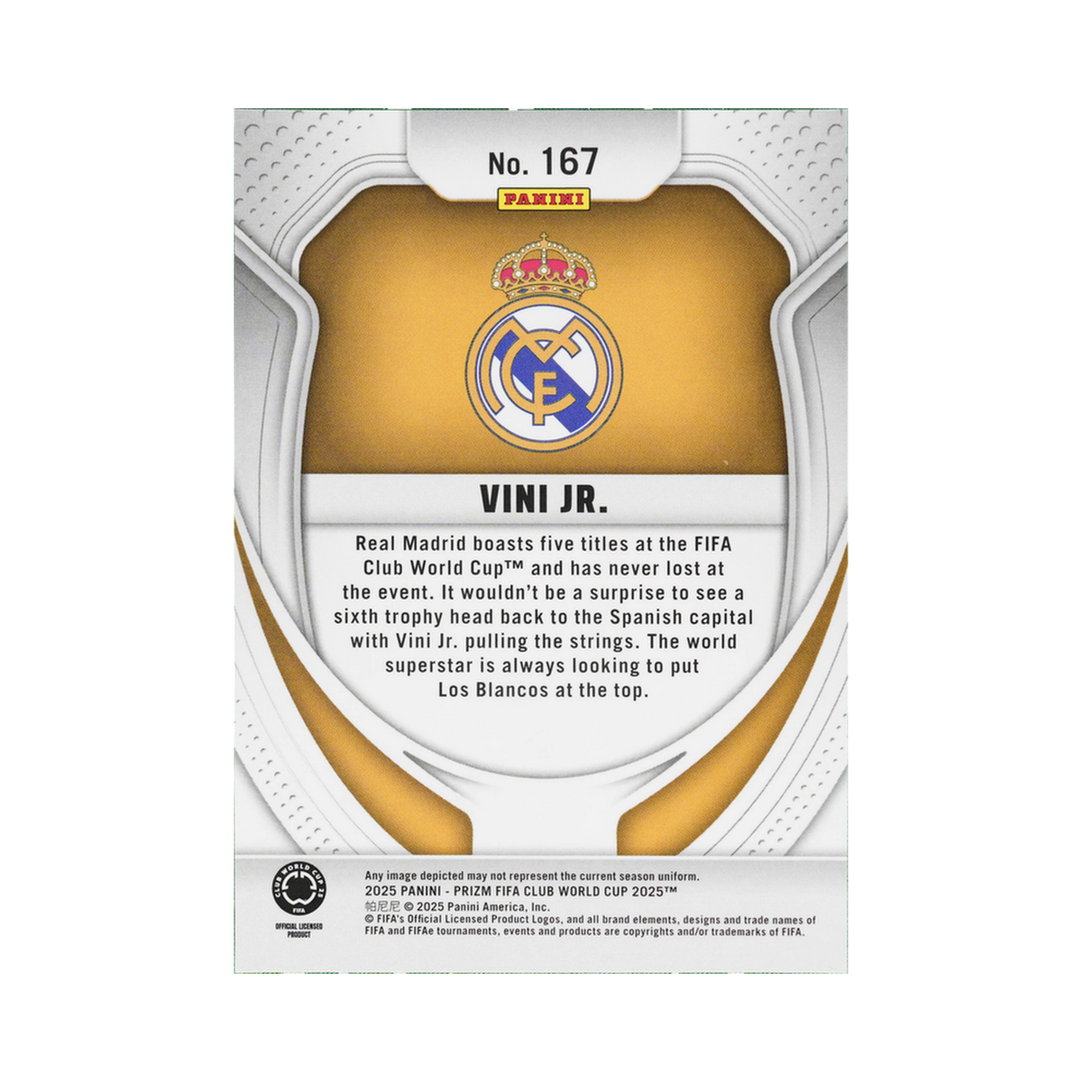 Vini Jr. 2025 Panini Prizm FIFA Club World Cup #167 Standard back view
