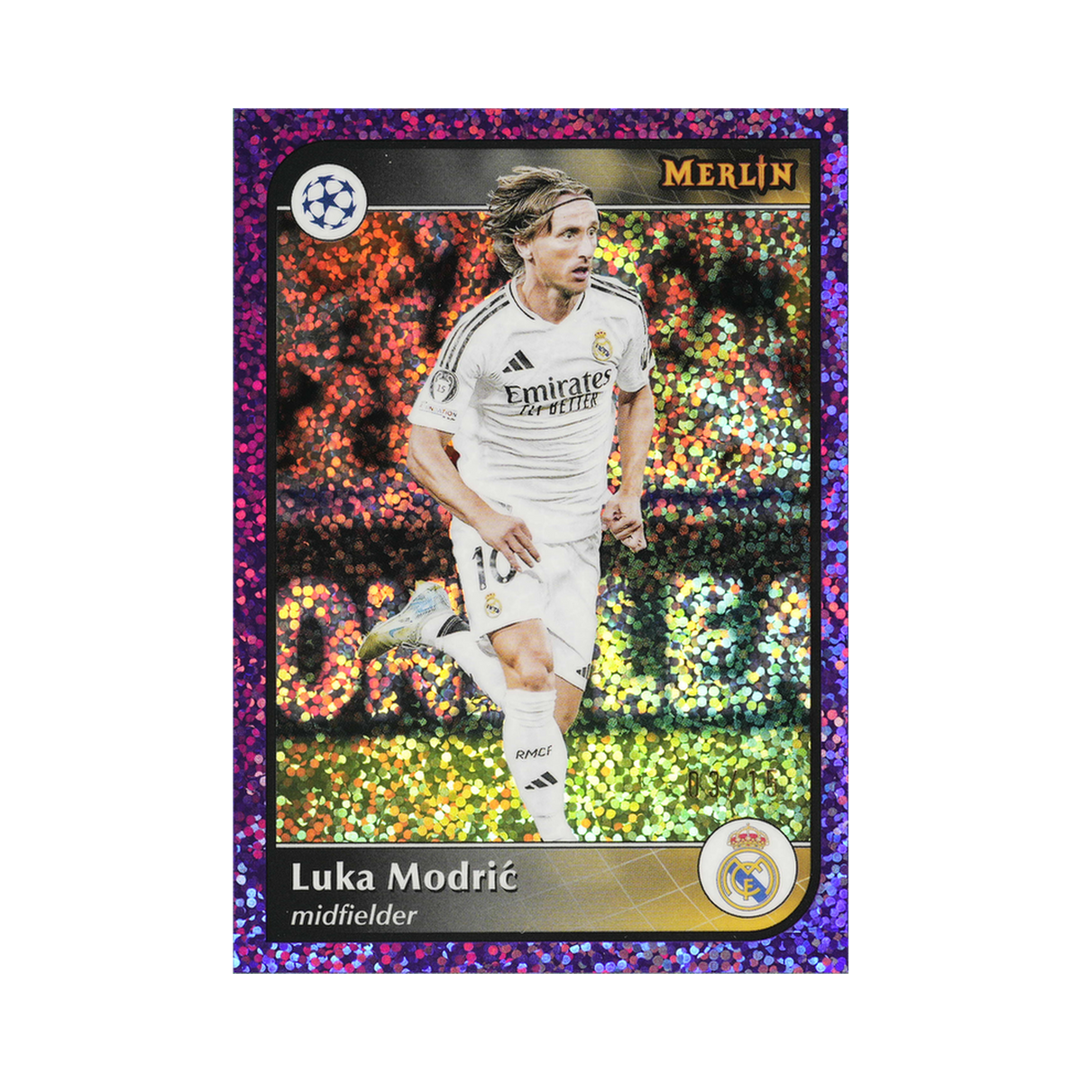Luka Modrić 2024/25 Topps Merlin UEFA Club Competitions #86 Purple Speckle Refractor 09/15 front view