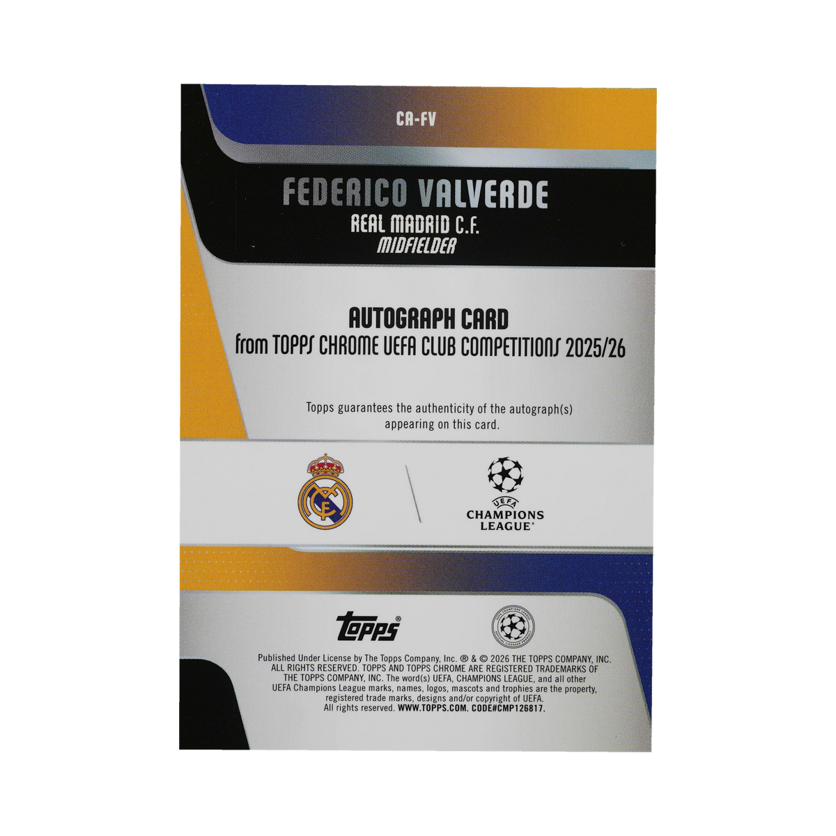 فيديريكو فالفيردي — ⁦2025/26⁩ — توبس كروم يويفا كلوب كومبيتيشنز — #⁦CA-FV⁩ — ريفراكتور لافا أزرق توقيع — ⁦138/150⁩