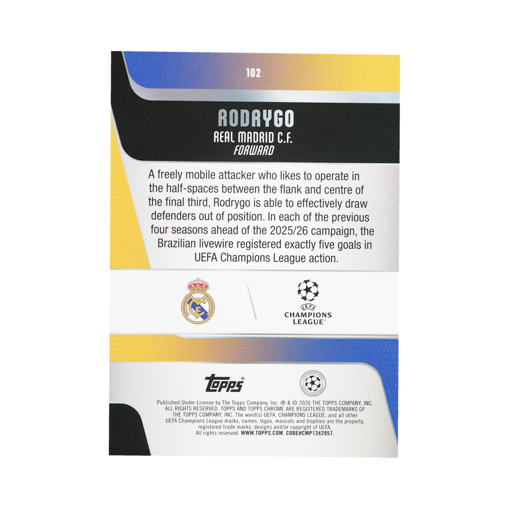 Rodrygo — 2025/26 — Topps Chrome UEFA Club Competitions — #102 — Purple Lava Refractor — 48/75
