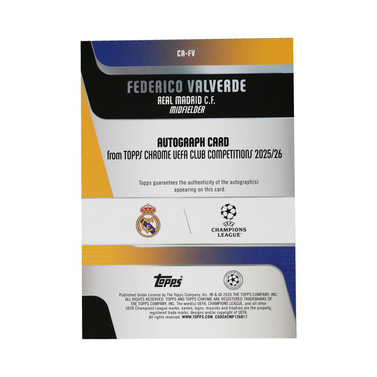 Federico Valverde 2025/26 Chrome Autographs #CA-FV 03/25, back view