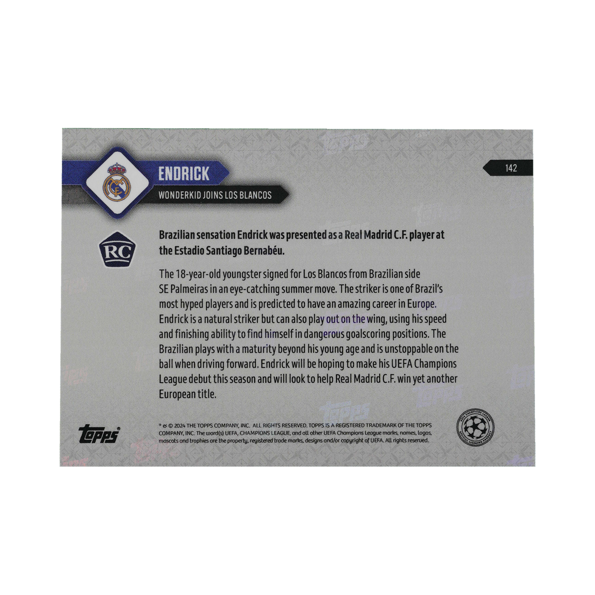 Endrick 2024 Topps NOW UEFA Champions League #142, back view