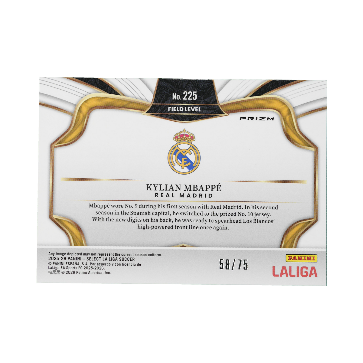 Kylian Mbappé 2025/26 Field Level #225 58/75, back view