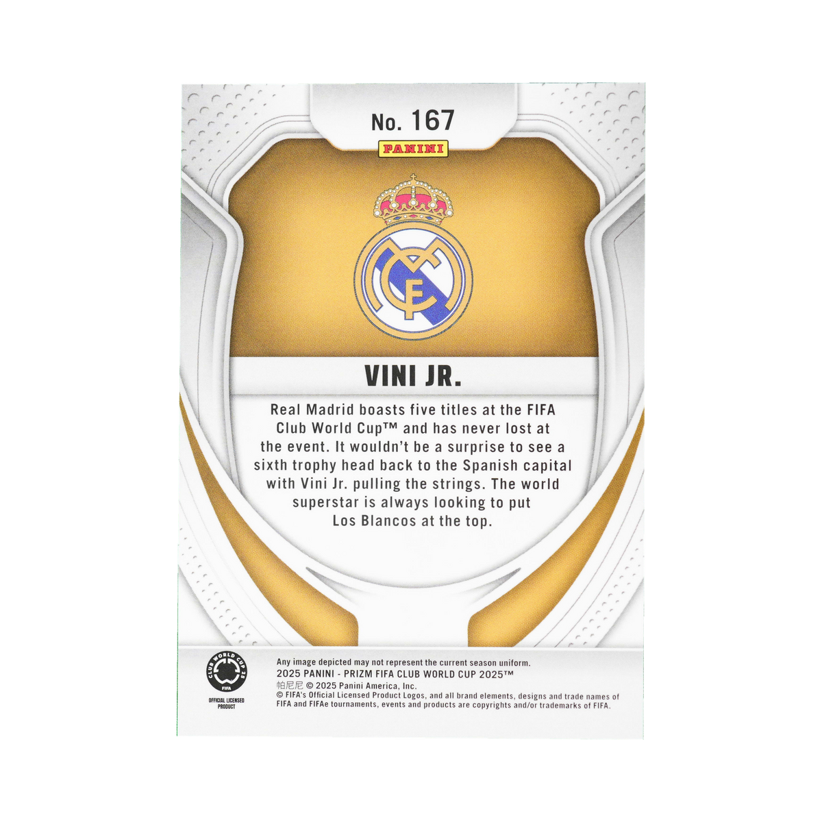 Vinícius Júnior 2025 Panini Prizm FIFA Club World Cup #167, back view