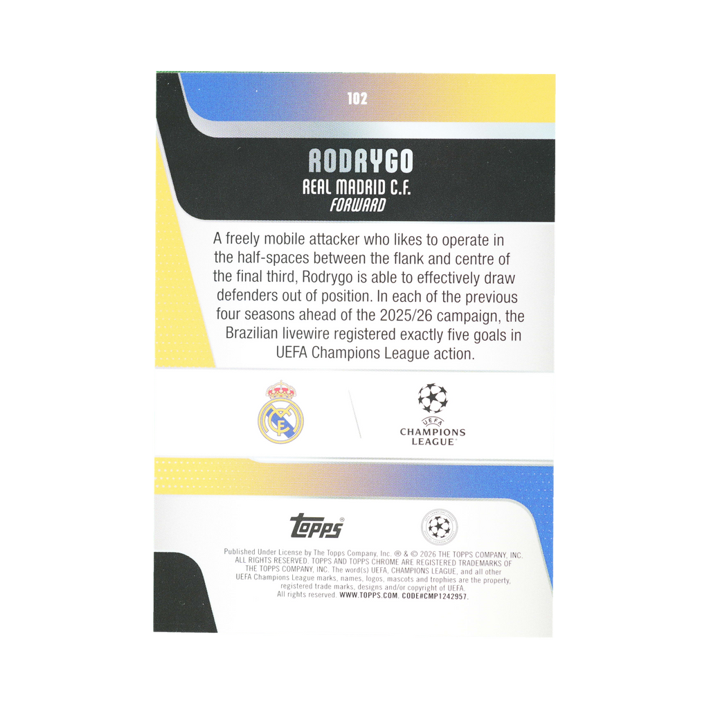 Rodrygo 2025/26 Topps Chrome UEFA Club Competitions #102 097/250, back view