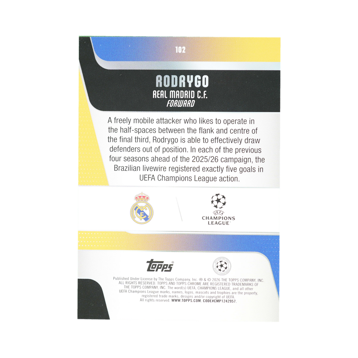 Rodrygo 2025/26 Topps Chrome UEFA Club Competitions #102 097/250, back view