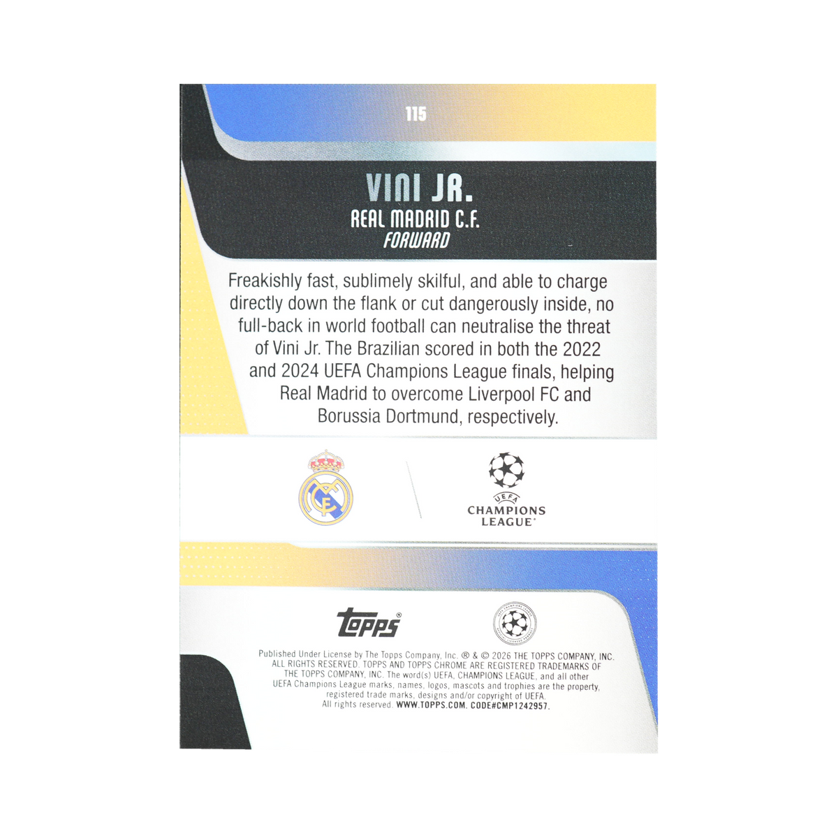 Vinícius Júnior 2025/26 Topps Chrome UEFA Club Competitions #115, back view