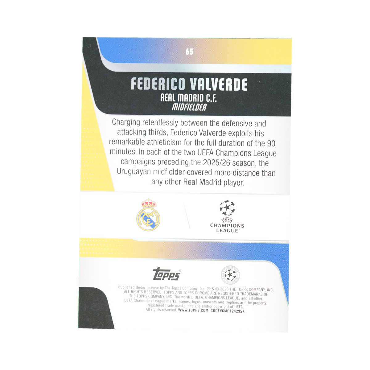 Federico Valverde 2025/26 Topps Chrome UEFA Club Competitions #65 117/150, back view
