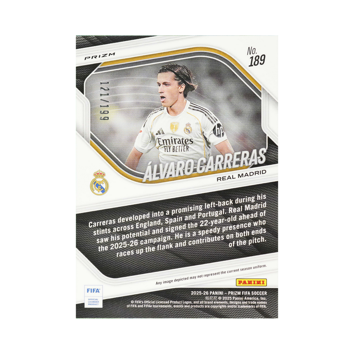 Álvaro Carreras 2025/26 Blue Prizm #189 121/199, back view