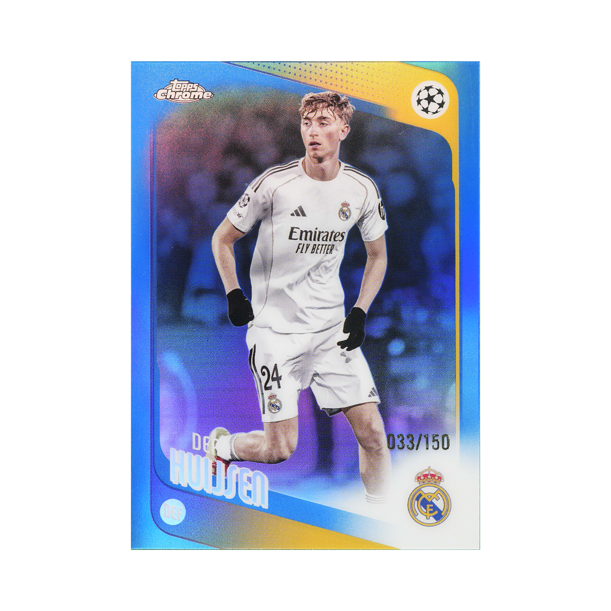 Dean Huijsen 2025/26 Blue Refractor #39 033/150, front view