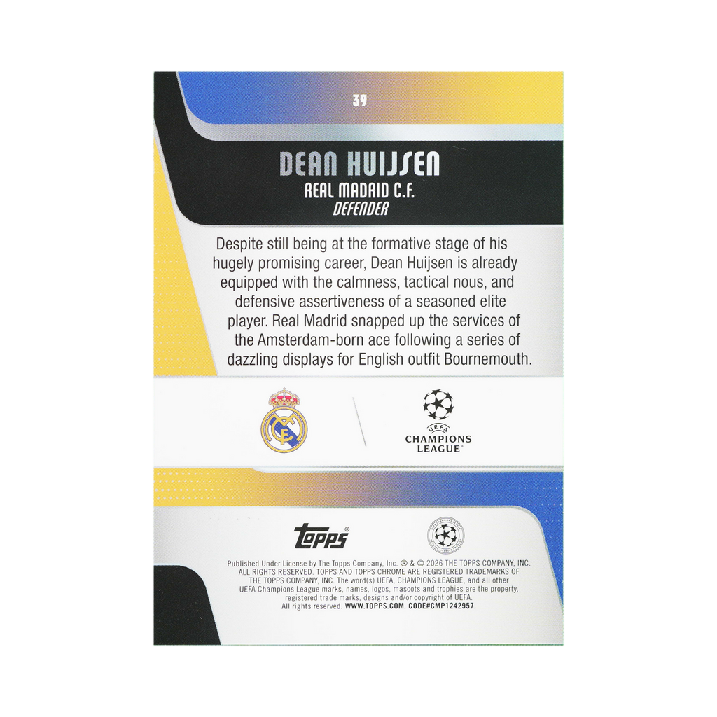 Dean Huijsen 2025/26 Blue Refractor #39 033/150, back view